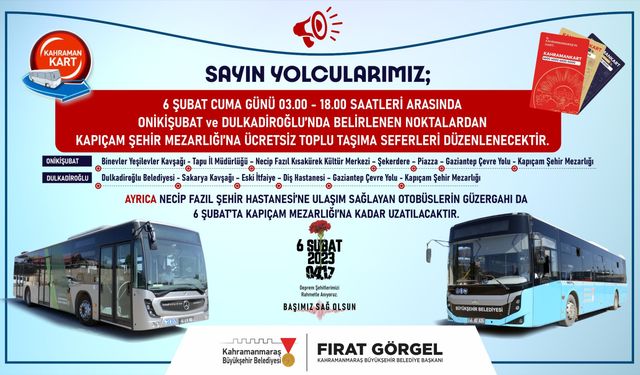 Büyükşehir’den 6 Şubat’ta Mezarlık Ziyaretleri İçin Ücretsiz Ulaşım