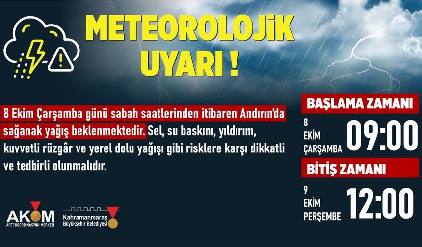 Andırın’da Sağanak Yağış Uyarısı!
